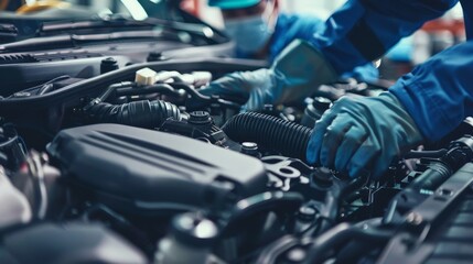 Wall Mural - A mechanic is working on a car engine, wearing a blue jumpsuit and gloves