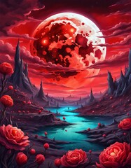 Wall Mural - A blood red moon over a barren fantasy landscape. 