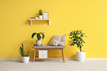 comfortable bench, shelf, pillows and houseplants near yellow wall in beautiful room