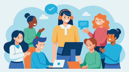 Wall Mural - A group of volunteers huddled together in a training session learning the best ways to provide emotional support and resources to callers on the support hotline.. Vector illustration