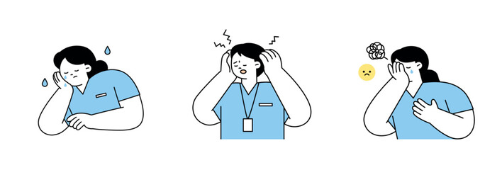 Wall Mural - Medical workers suffering from work stress. simple outline vector illustration.