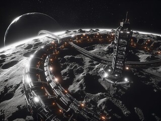 Wall Mural - A planet with a large building in the middle of it. The building is lit up with lights and it looks like a futuristic city