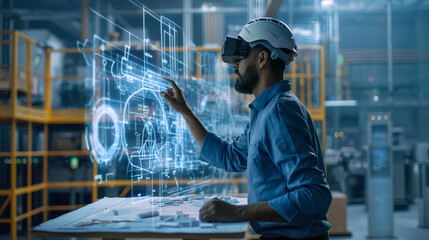 Poster - an engineer working with the blue prints of a project through virtual reality technology, futuristic