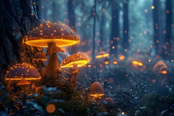A mystical woodland filled with enchanted glowing mushrooms