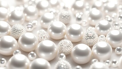Aufkleber - White and golden pearls, beads, 3d render balls, sphares, round shapes backgorund.
