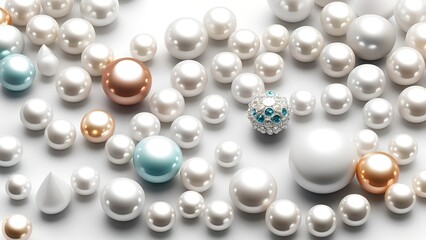Poster - White and golden pearls, beads, 3d render balls, sphares, round shapes backgorund.