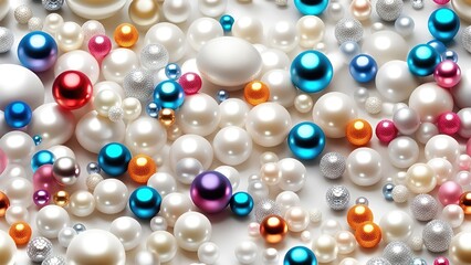 Poster - White and golden pearls, beads, 3d render balls, sphares, round shapes backgorund.