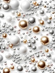 Poster - White and golden pearls, beads, 3d render balls, sphares, round shapes backgorund.