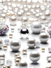 Poster - White and golden pearls, beads, 3d render balls, sphares, round shapes backgorund.