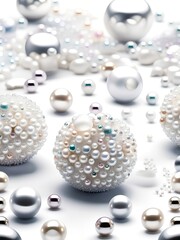 Poster - White and golden pearls, beads, 3d render balls, sphares, round shapes backgorund.