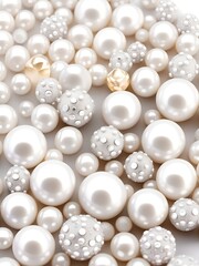 Aufkleber - White and golden pearls, beads, 3d render balls, sphares, round shapes backgorund.