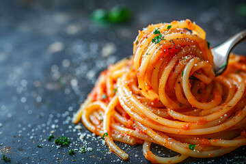 Wall Mural - A fork is holding a piece of spaghetti with cheese and herbs on top