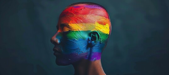 Wall Mural - Trans gay man with colorful paint cosmetic on face. LGBT pride gay lesbian gender equality movement symbol. Generative AI technology.	
