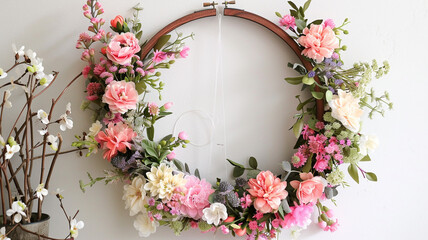 Fashionable spring wreath filled with lovely fresh flowers. Wooden hoop hanging on a white wall, decorated with flowers and thread. Modern and creative handcrafted bouquets.