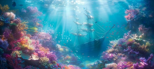 Poster - Beautiful underwater with coral reef and shipwreck. Generative AI technology.	
