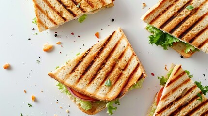 Wall Mural - Sandwiches with toasted bread pieces on a plain white backdrop