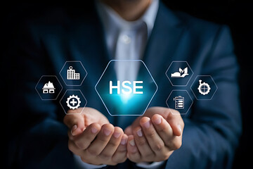 HSE, Health safety environment concept. Standard safe industrial work and industrial. Businessman holding HSE icon on virtual screen for business and organization.