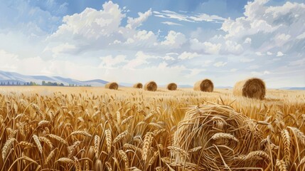 Wall Mural - Wheat Stalks with Hay Stacks in the Distance