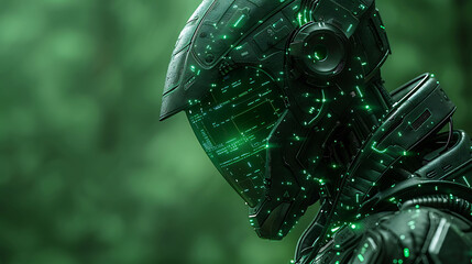 Poster - cybernetic being integrating the knowledge of the Emerald Tablets into its code on a digital battlefield