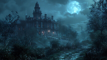 Wall Mural - haunted mansion where the spirits are bound by the knowledge of the Emerald Tablets in a moonlit garden