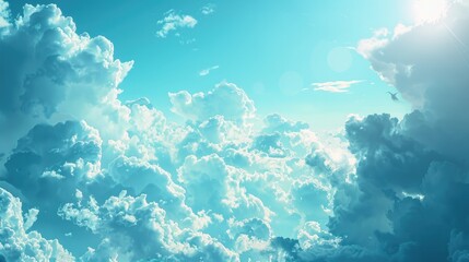 Wall Mural - Summer sky in shades of blue with clouds and light on a white background Clear and bright winter atmosphere with calm sunshine Dull yet vibrant cyan scenery in a daytime landscape