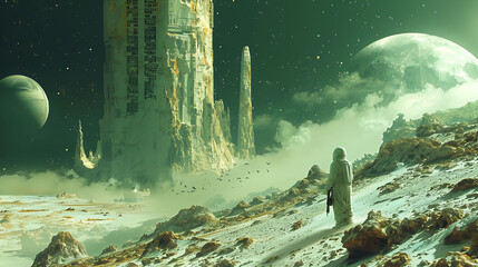 Poster - alien civilization studying the wisdom of the Emerald Tablets on a distant planet