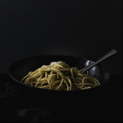 magnificent pasta in a black bowl isolated on a black background, excellent contrast