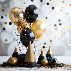 party theme graphics with a conic hat, black and gold balloons, glitter and confetti isolated on a blurred background