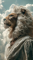 Wall Mural - Majestic Lion-Human Hybrid Figure in Tranquil,Dreamlike Renaissance-Inspired Landscape