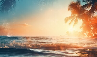 tropical beach wallpaper with palm trees and a beautiful sea with smooth warm pastel colors