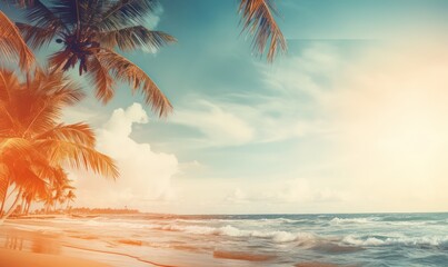 Wall Mural - tropical beach wallpaper with palm trees and a beautiful sea with smooth warm pastel colors