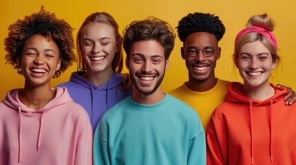 portraits of happy smiling diverse ethnic and ages men or women wearing pastel pink, yellow, green, blue, orange, purple, red sweatshirts isolated on solid color background.