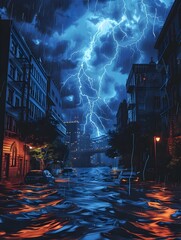Poster - Dramatic Thunderstorm Illuminating Flooded Urban Streets at Night