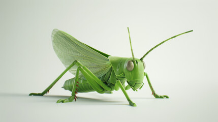 A highly detailed green grasshopper displayed against a plain background, showcasing its intricate anatomy and vibrant color.