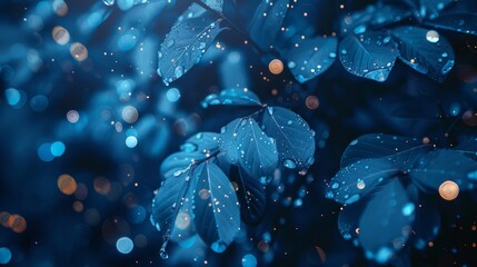 Wall Mural - beautiful blue leaves with dewdrops. 