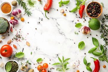 Top view of fresh vegetables, herbs, and spices on a white marble background with copy space. Healthy eating and cooking concept.