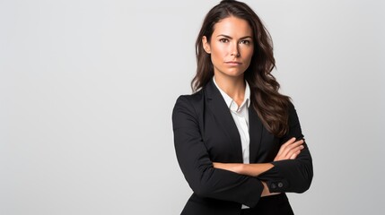 a lone female engineer standing confidently in front of a clear white background,