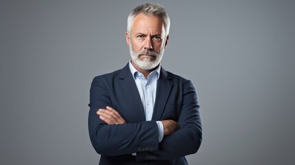 a lone architect standing confidently in front of a clear white background, arms crossed