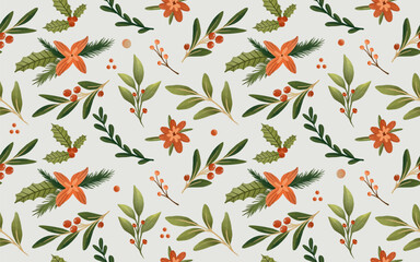 Wall Mural - Christmas floral seamless pattern for holiday gift wrap, wallpaper  or textile