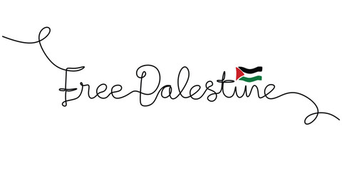 Wall Mural - Free Palestine handwritten inscription with Palestine flag. One line drawing of phrase hand writing.