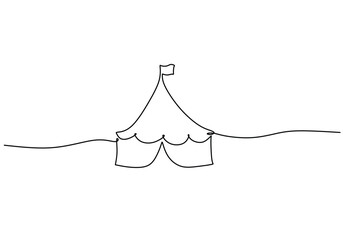 circus tent in one single continuous line drawing style isolated on white background