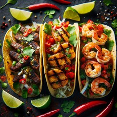 spicy taco trio with grilled beef, chicken, and shrimp, garnished with cilantro and lime