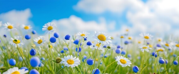 a beautiful meadow of chamomile and blue wild peas bathed in morning light against a blue sky with f