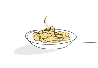 pasta spaghetti noodle on plate in one continuous single line style isolated on white background.