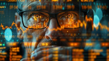 Poster - Close-Up of Man Analyzing Data with Glasses. Close-up of a man wearing glasses analyzing data on multiple screens, highlighting technology and data analysis.