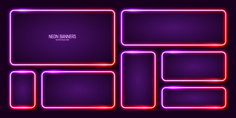 Wall Mural - glowing neon banners, illuminated colorful square frames. shiny vibrant border, glow effect. purple 