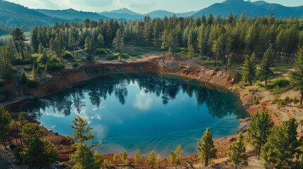 Wall Mural - A large body of water sits in a large pit surrounded by trees