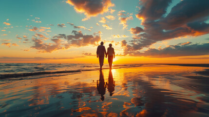 Wall Mural - A couple walking on a beach at sunset