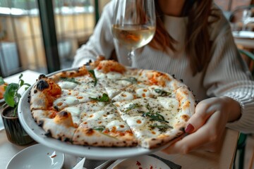 Sticker - Woman enjoying pizza and wine at table, fast food feast