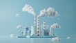 © Tackey - 3D rendering of an industrial factory emitting smoke with wind turbines, representing air pollution and renewable energy, in a blue-toned theme.